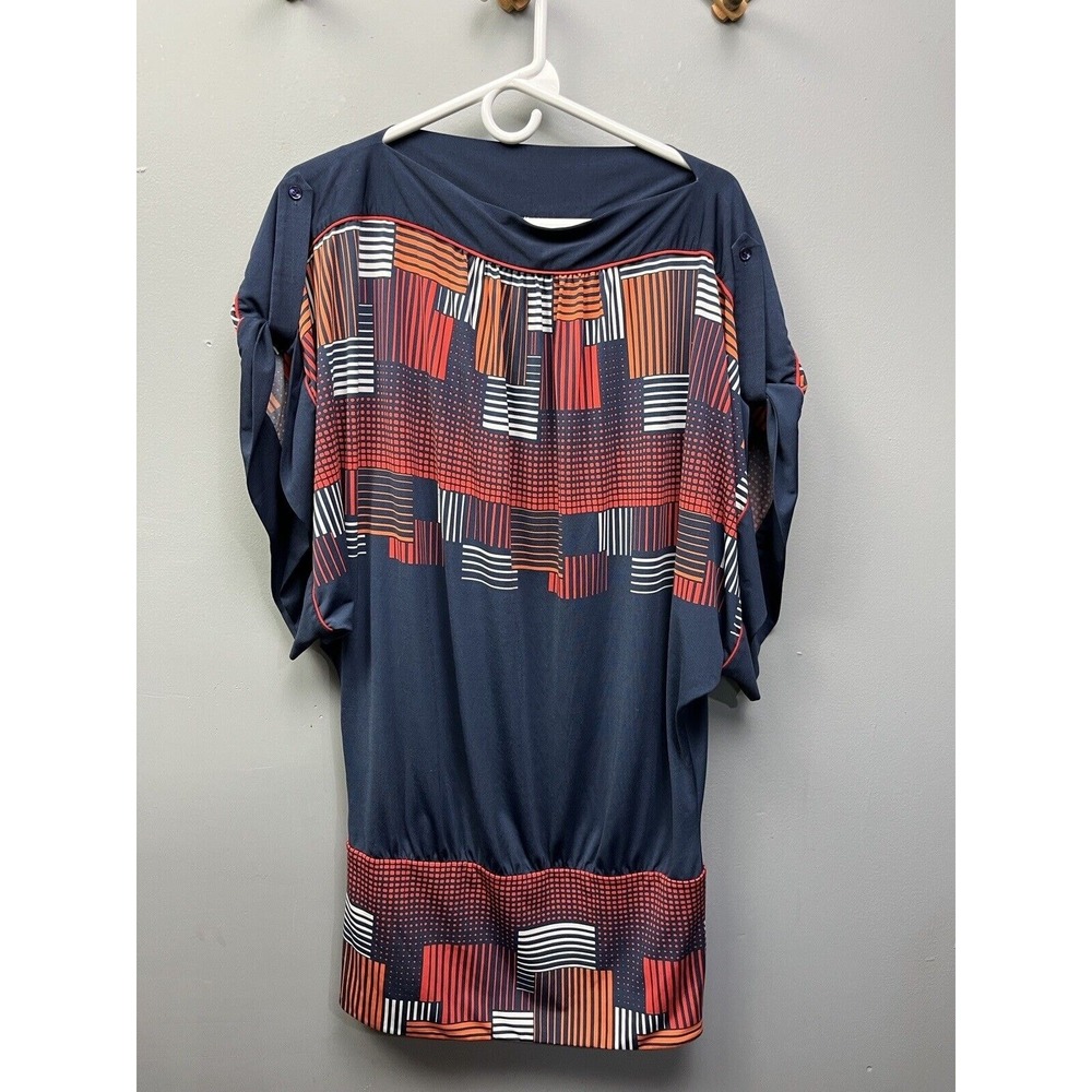 BCBGMAXAZRIA Tunic Top Womens Small Blue Geometric Abstract Dolman Blouson Shirt